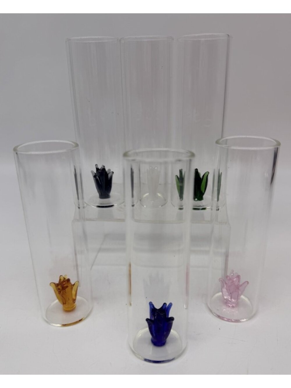 Tall Hand-blown Mexican Shot Glasses Set Of 6 Colorful Inside Glass Agave Cactus